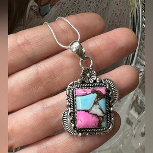 925 Silver Cotton Candy Turquoise Pendant, Pink & Blue